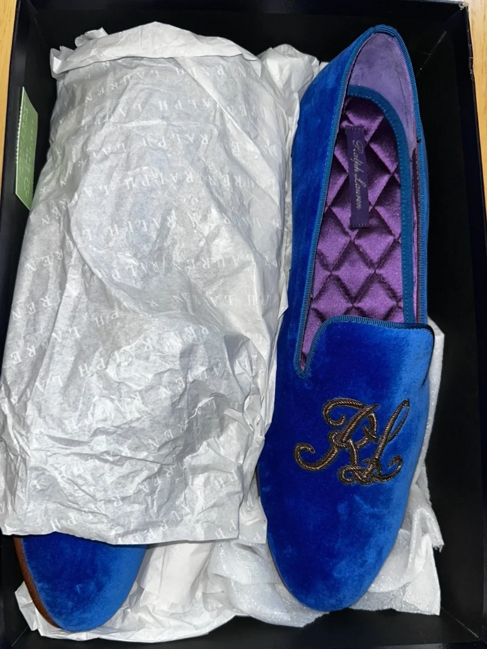 Ralph Lauren Cobalt Blue Velvet Loafers with Gold Monogram